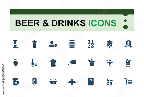 Beer and drinks solid style icons collection. Related to pint, brewery, keg, tap, foam, hops, beer glass, pub, bottle. Editable filled icon set. Pixel perfect.
