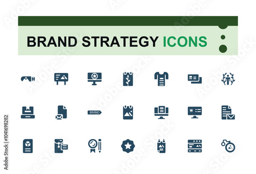 Set of Brand strategy solid icons. Containing logo design, marketing, advertising, business card, promotion. Filled icon collection. Pixel perfect vector illustration.