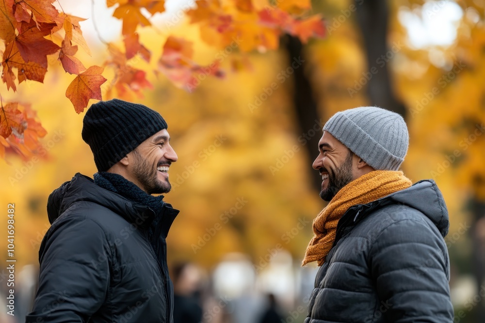 Two men, warmly dressed, engage in lively conversation beneath a canopy of colorful autumn leaves, exemplifying warmth, friendship, and mutual enjoyment in nature. Two men, warmly dressed, engage in lively conversation beneath a canopy of colorful autumn leaves, exemplifying warmth, friendship, and mutual enjoyment in nature.