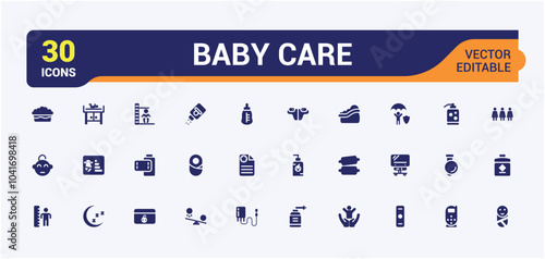 Set of solid baby care icons collection. Related to child care, family, education, health, childhood, parenting. Minimal icon set. Editable vector illustration.