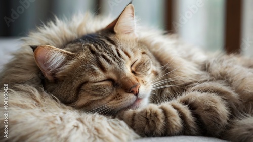 Cat peacefully sleeping with soft fur and a relaxed expression, enjoying a calm, cozy indoor environment.