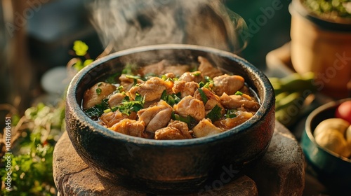 Heiße Steinschüssel mit saftigem Hähnchen und Gemüse für kulinarische Enthusiasten photo