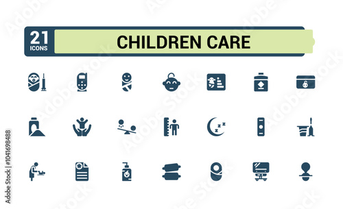 Set of childcare care filled icons. Related to child care, parenting, family, daycare, safety, childhood development. Filled icons collection. Pixel perfect. Vector illustration.