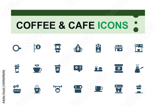 Set of coffee and cafe filled icons set. Related to coffee shop, beans, espresso, coffee cup, barista, brewing, cappuccino. Solid icons collection. Pixel perfect vector illustration.