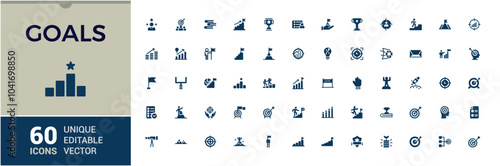 Goals solid style icons set. Containing target, achievement, success, progress, motivation, planning, vision, and more. Minimal filled vector icons collection.