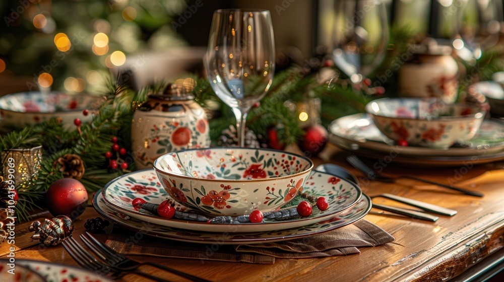 Festive Dinner Table Setting with Floral Dinnerware Festive Dinner Table Setting with Floral Dinnerware