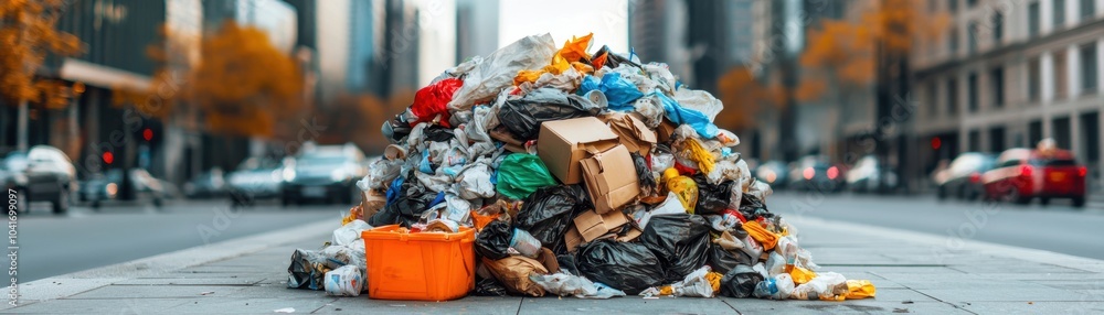 A large mound of trash and garbage bags piled in the middle of an urban street, highlighting issues of waste management and pollution in cities. A large mound of trash and garbage bags piled in the middle of an urban street, highlighting issues of waste management and pollution in cities.