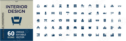 Interior design solid icons set. Containing furniture, home decor, lighting, architecture, style and more. Minimal filled editable vector icons collection.