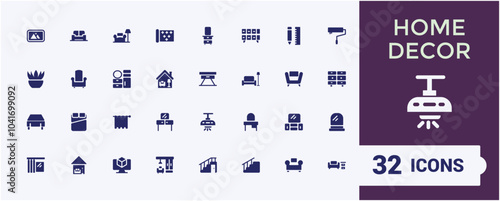 Home decor filled icons collection. Related to furniture, Interior Design, architecture, space planning modern style and layout. Minimal solid icon set. Vector illustration.