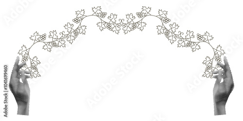 Vintage grape Frame in trendy Halftone effect hands. Modern elegant Vintage Frame isolated white background. Nostalgia vector illustration.