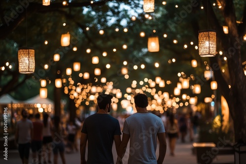 A couple walks hand in hand under a beautifully arranged canopy of glowing bulbs, creating a romantic and intimate atmosphere in the midst of a bustling walkway. photo