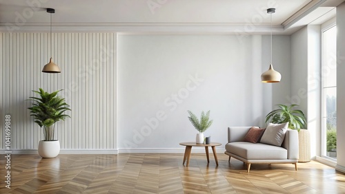 Blank wall mockup in a simple, minimal interior, 3D render.