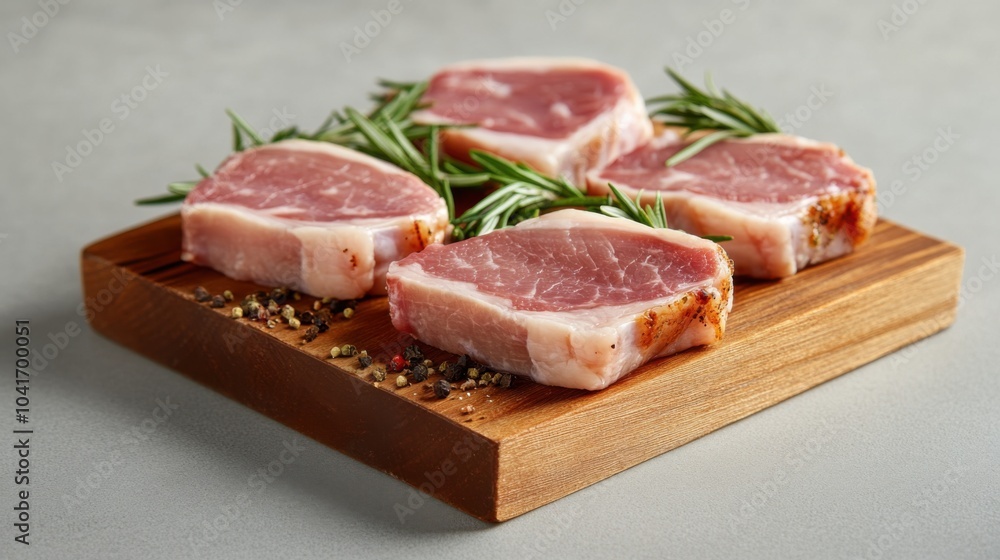 Frisches rohes Schweinefilet auf Holzbrett mit Kräutern und Gewürzen für den kulinarischen Gebrauch Frisches rohes Schweinefilet auf Holzbrett mit Kräutern und Gewürzen für den kulinarischen Gebrauch