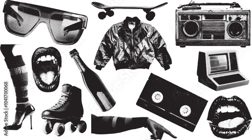 Set of 1980s and 1990s vintage halftone grunge vector design elements
