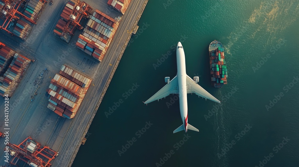 Cargo aircraft and container ship side by side in a busy industrial port, symbolizing integrated global supply chains and efficient logistics Cargo aircraft and container ship side by side in a busy industrial port, symbolizing integrated global supply chains and efficient logistics