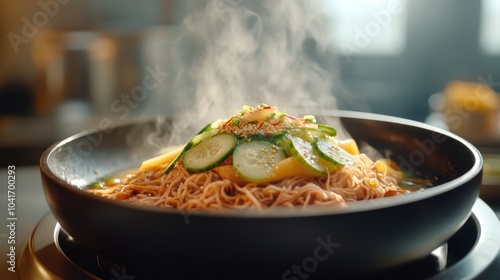 Frisches Naengmyeon in einer dampfenden Schüssel für kulinarische Fotografie und Frühlingsküchen-Konzepte