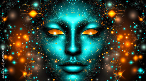 A cosmic face with glowing orange eyes surrounded by luminous spots, depicting an otherworldly and surreal atmosphere.