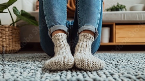 Cozy Knitted Socks on a Fluffy Rug - Home Comfort and Relaxation