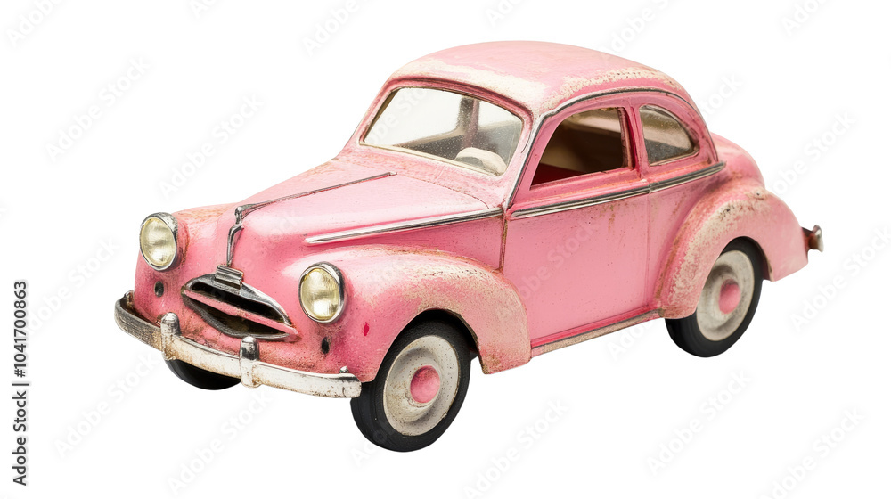 A pink toy car isolated on a white background, designed as a fun and playful illustration of a small vehicle A pink toy car isolated on a white background, designed as a fun and playful illustration of a small vehicle