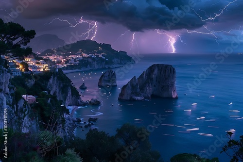 Storm clouds and hard weather over Adriatic Sea in Croatia Europe. Powerful lightning and flashes over the village Rogoznica in Dalmatian coastline. photo