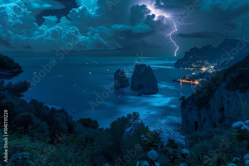 Storm clouds and hard weather over Adriatic Sea in Croatia Europe. Powerful lightning and flashes over the village Rogoznica in Dalmatian coastline. photo