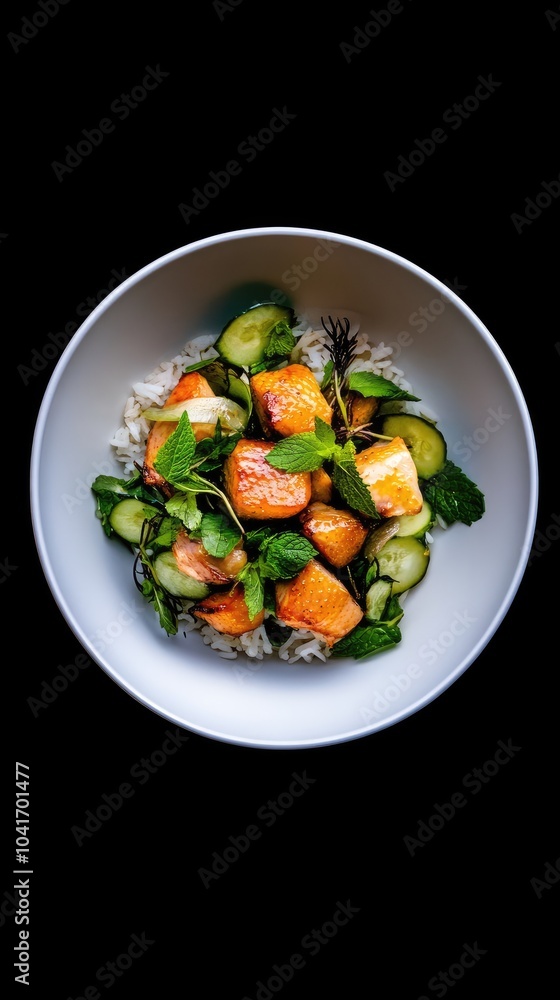 A mouthwatering bowl of Thai-style duck curry with banana and fresh mint served alongside fluffy white rice, captured beautifully from above A mouthwatering bowl of Thai-style duck curry with banana and fresh mint served alongside fluffy white rice, captured beautifully from above