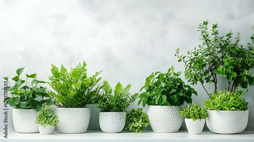 Indoor Plants in White Pots on a Shelf Indoor Plants in White Pots on a Shelf