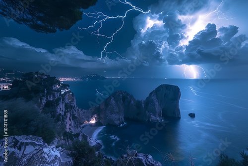 Storm clouds and hard weather over Adriatic Sea in Croatia Europe. Powerful lightning and flashes over the village Rogoznica in Dalmatian coastline. photo