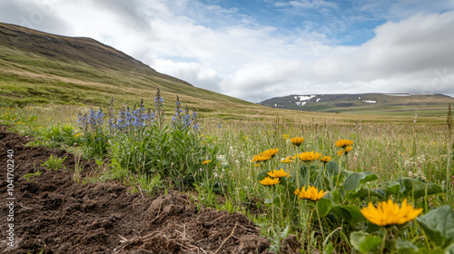 A rewilding project in progress, with native plants and wildlife being reintroduced into a previously barren landscape to restore natural ecosystem photo