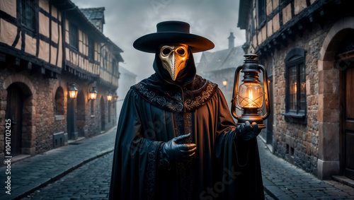 Plague doctor wearing mask and holding lantern walking in medieval town during outbreak of bubonic plague