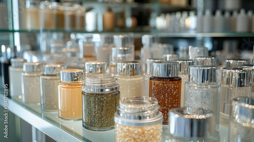 Bespoke skincare formulations in luxurious jars and bottles, created based on individual skin needs, displayed in an upscale beauty laboratory photo