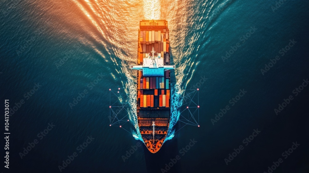 Container ship at sea with digital network links, digital trade network connection concept, global shipping industry, Beautiful Network Container ship at sea with digital network links, digital trade network connection concept, global shipping industry, Beautiful Network