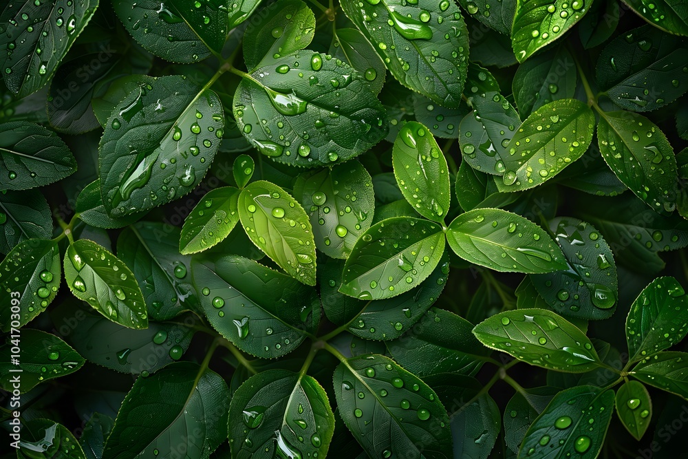 Fototapeta premium A bunch of green leaves with water droplets on them
