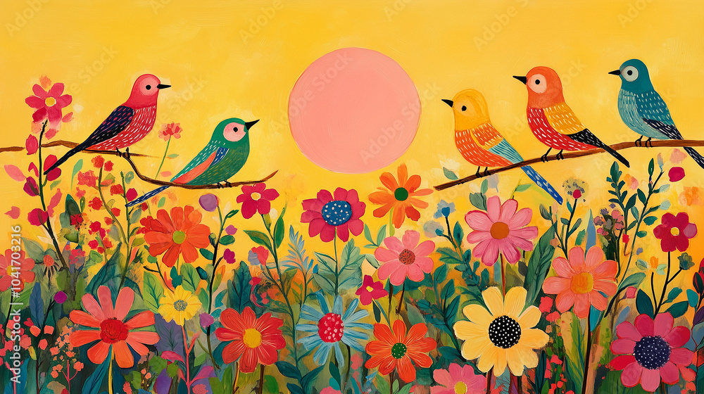 Cute birds sitting on flowers in the sun in folk painting style Cute birds sitting on flowers in the sun in folk painting style