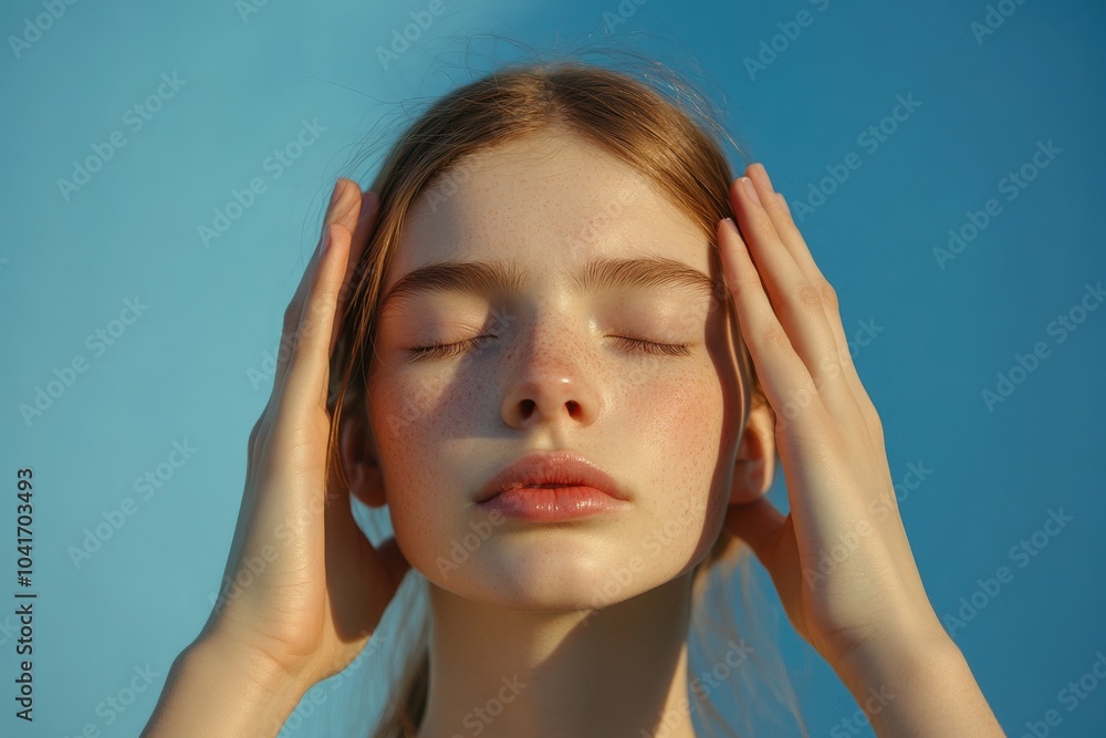 Fototapeta premium Meds. Woman Massaging Temples to Relieve Headache and Migraine Pain