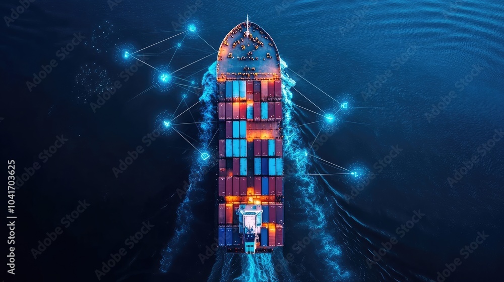 Container ship at sea with digital network links, digital trade network connection concept, global shipping industry, Beautiful Network Container ship at sea with digital network links, digital trade network connection concept, global shipping industry, Beautiful Network