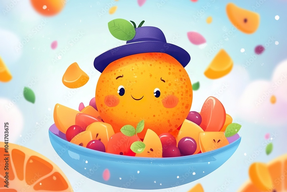 Obraz premium Adorable Orange in a Bowl of Fruit Salad with a Tiny Hat - Cartoon Illustration