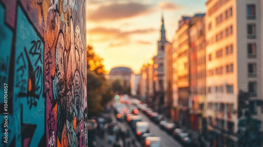 Fototapeta premium Close-up of colorful street art in Berlin during golden hour, with a bustling city in the background.