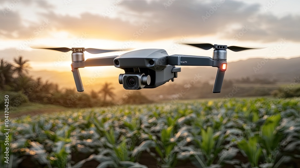 A drone hovers over a lush cornfield at sunset, collecting crucial data for farmers to enhance agricultural practices A drone hovers over a lush cornfield at sunset, collecting crucial data for farmers to enhance agricultural practices