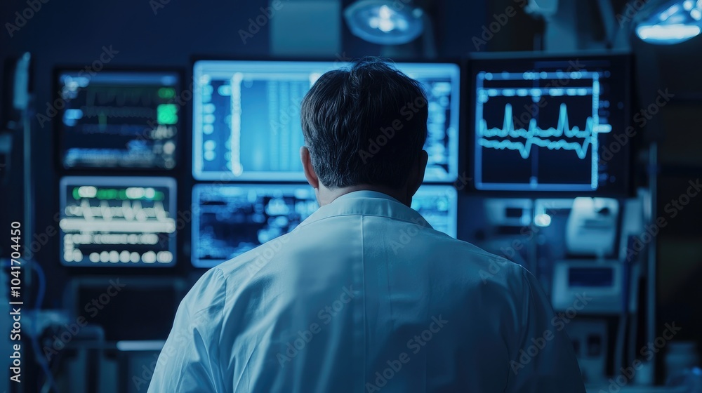Doctor looking at vital signs monitor, modern healthcare technology, digital medical solutions, back view Doctor looking at vital signs monitor, modern healthcare technology, digital medical solutions, back view