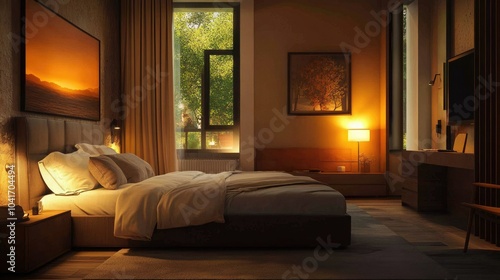Cozy modern bedroom with soft lighting, warm tones, and inviting furnishings that create an atmosphere of relaxation and comfort.