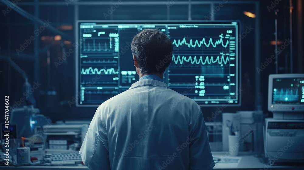 Doctor looking at vital signs monitor, modern healthcare technology, digital medical solutions, back view Doctor looking at vital signs monitor, modern healthcare technology, digital medical solutions, back view