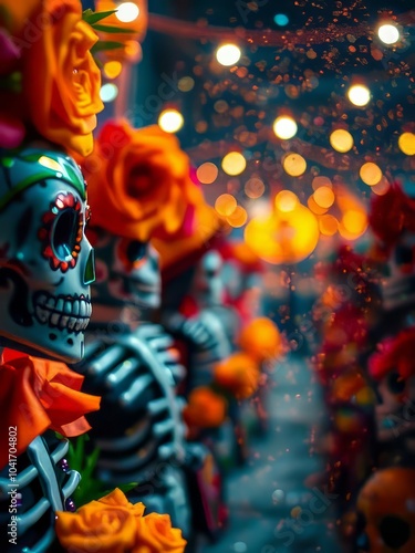 A lively scene of day of the dead celebrations with a defocused backdrop of vibrant particles - glitter dust particle Ultra realistic 