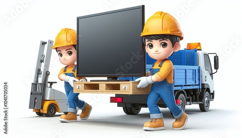 Cartoon Delivery Workers Moving Television. photo