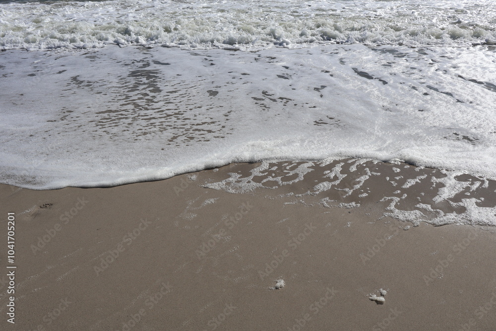 Wave Foam Gently Touching Sandy Shoreline on a Sunny Day Wave Foam Gently Touching Sandy Shoreline on a Sunny Day