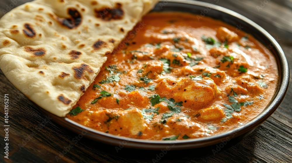 Delicious chicken tikka masala with basmati rice and naan bread, served on a rustic wooden background in traditional Indian culinary fashion. Delicious chicken tikka masala with basmati rice and naan bread, served on a rustic wooden background in traditional Indian culinary fashion.