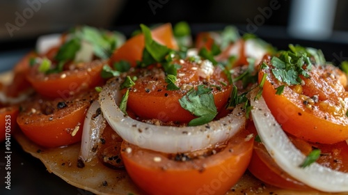 Nahaufnahme von würzigem Masala Papad mit frischen Tomaten und Zwiebeln als kulinarische Inspiration photo