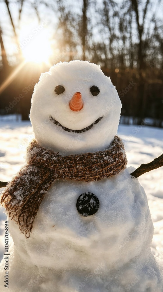 Obraz premium Fröhlicher Schneemann in einem Winterwunderland bei Sonnenuntergang für saisonale Grüße