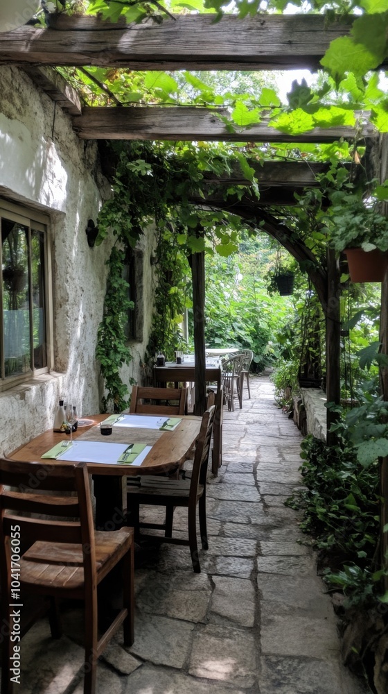 Charmanter Essbereich im Freien mit Pergola und üppigem Grün für Frühlingstreffen Charmanter Essbereich im Freien mit Pergola und üppigem Grün für Frühlingstreffen