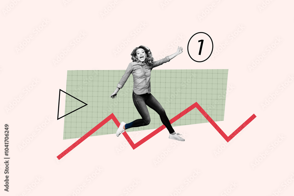 Composite photo collage of happy girl jump graph development statistics first place leader promotion isolated on painted background Composite photo collage of happy girl jump graph development statistics first place leader promotion isolated on painted background